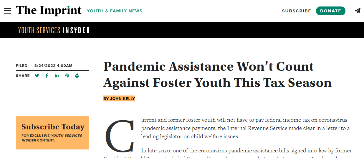 Pandemic Assistance Won’t Count Against Foster Youth This Tax Season